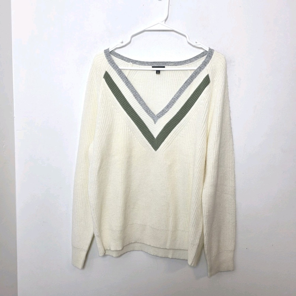 Talbots Cream Colorblock Preppy Classic Soft Business Casual V-Neck Sweater Sz L